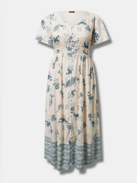 torrid Dresses & Skirts - Torrid Cream Floral Button-Front Maxi Dress with Blue Print 2x